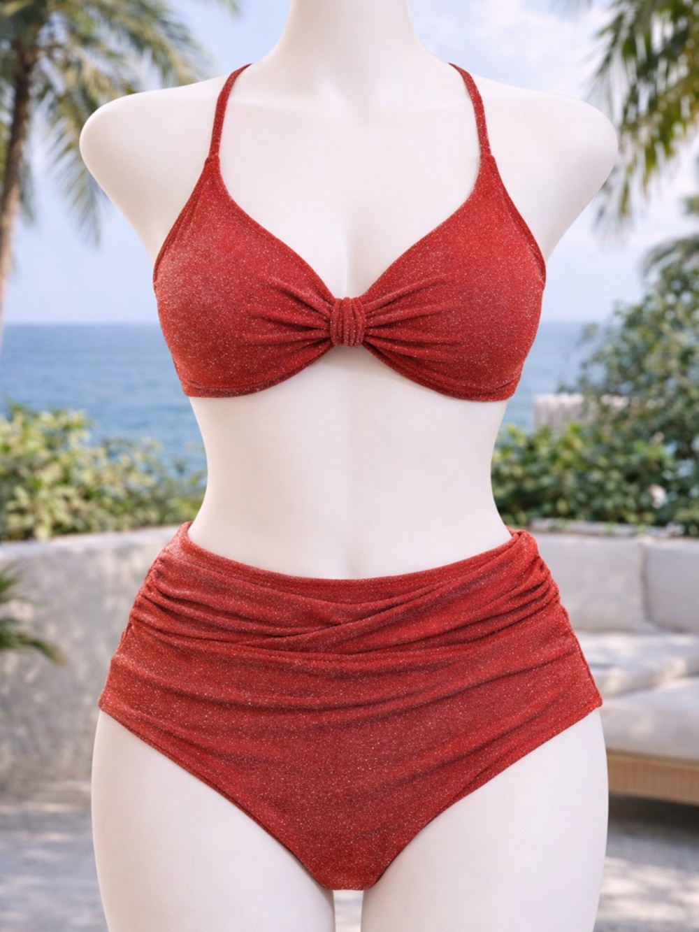 Berlook Red Sparkly Bikini Set Twist Front High Waisted Shimmer NWT E233